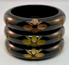 BB186 chunky black overdyed flower & star carved bakelite bangles